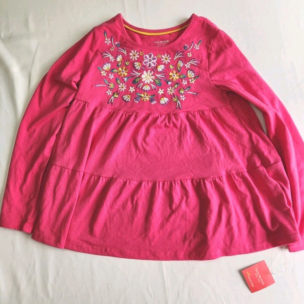 Isaac Mizrahi NWT Girls Pink Ruffle Blouse – Floral Embroidered Top Size L
